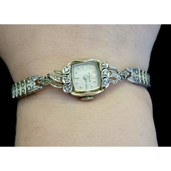 Vintage Benrus 14k Gold And Diamond Women Working Windup Stretch Band Wristwatch
